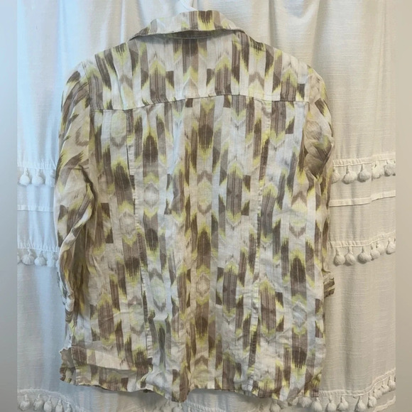 JM collection petite 100% linen button down blouse yellow brown white size 6P - Picture 6 of 8